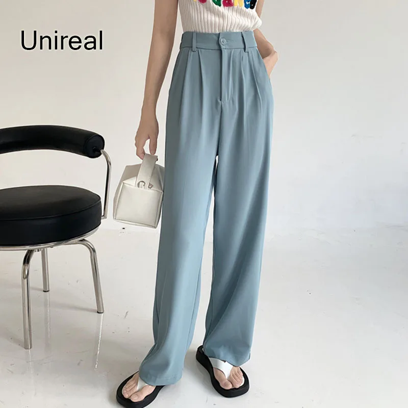 

Unireal 2022 Summer Women Wide Leg Pants High Waist Female Casual Trouses Palazzo Pants Loose Blue Black Satin Pants Streetwear