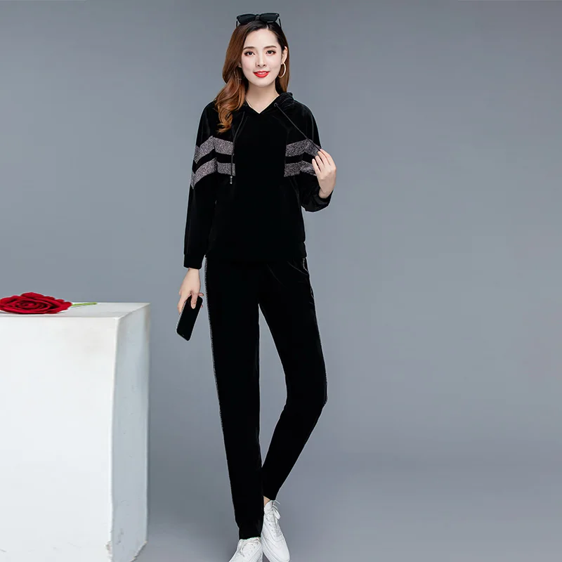 

2020 Spring Autumn Hooded Plus Size New Gold Velvet Two Piece Set Female Solid Color Loose Hedging Elastic Women Casual Suits