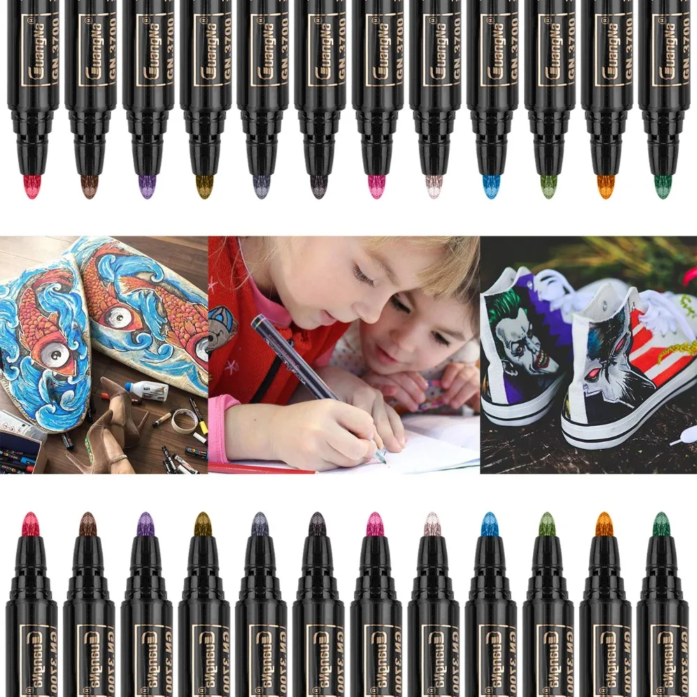 Металлическая маркерная ручка, 12 цветов, металлическая кисть, маркеры для черного цвета, бумажный альбом, художественная раскраска