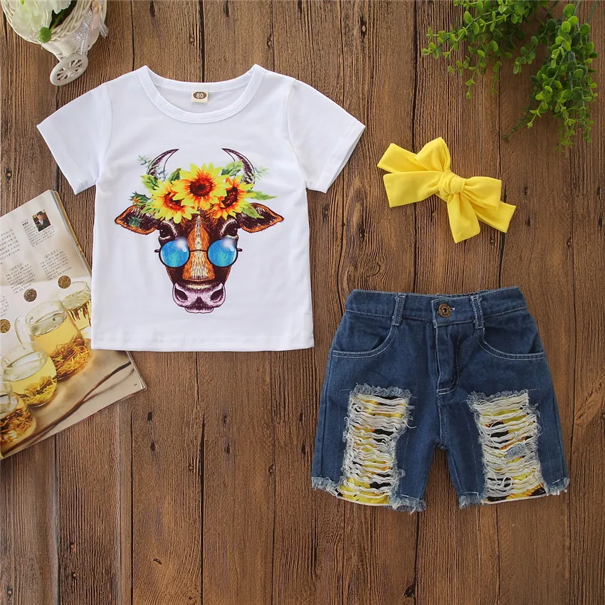 

New Arrival Toddler Baby Girl Cow T-shirt Top+Denim Shorts Pants Kid Summer Suits Clothes Set