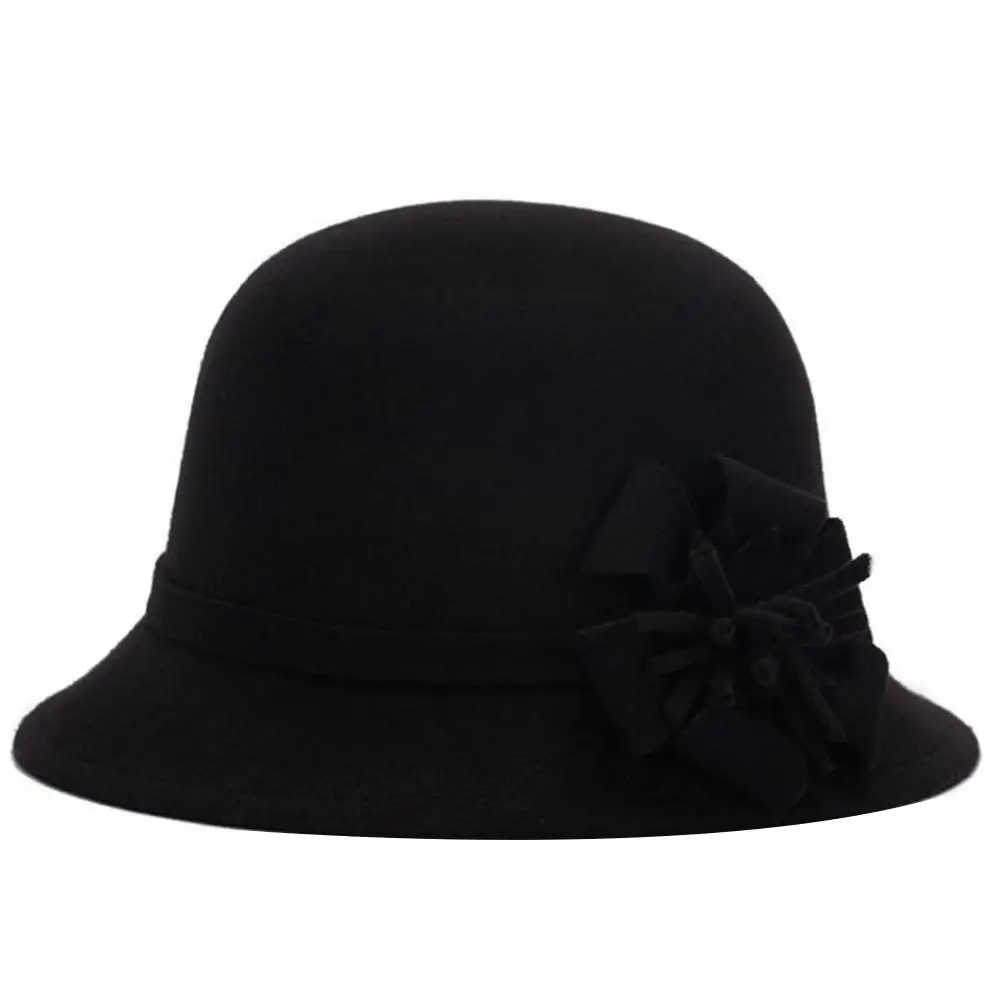 Black Женская теплая шерстяная Фетровая Шляпа Fedora с цветами, женская шляпа с широкими полями, Осень-зима, благородные элегантные модные праздничные колпаки для девочек - Цвет: Black