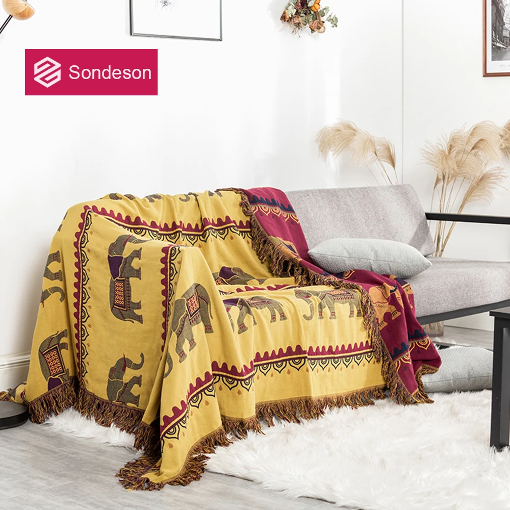 

Sondeson Bohemian 100% Cotton Tassel Elephant Thread Blanket Sheet Sofa Skin-friendly Towel Quilt Throw Blanket For Sofa Bed