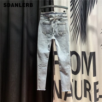 

Fashion Wild Button Jeans Women's 2020 Spring New High-Waist Heavy Process Beaded Pencil Pants Diamond Jeans Village Jeans