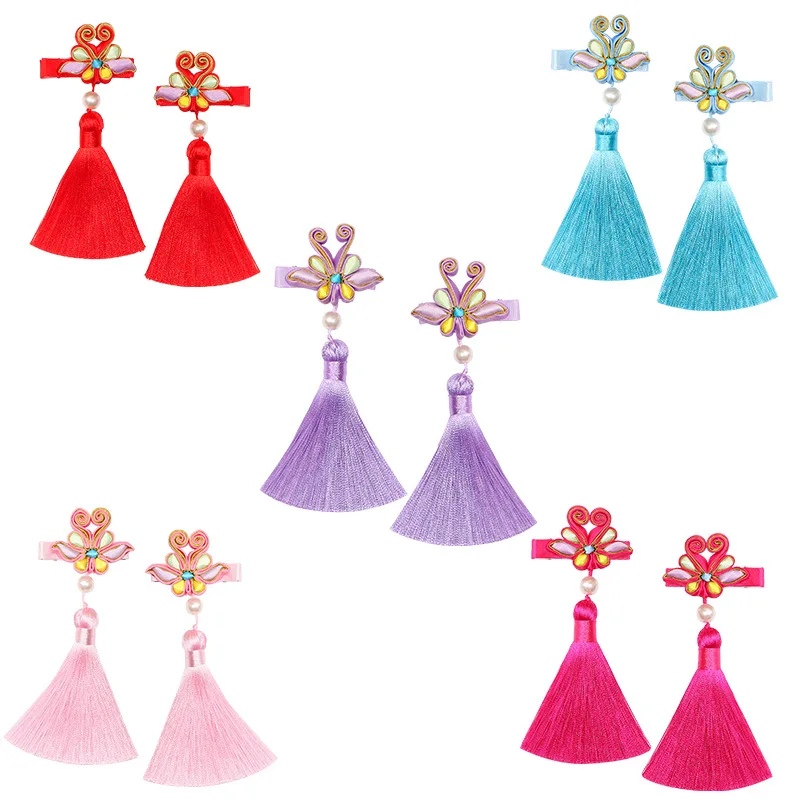 

90903 Chinese-style Antique Style Dragonfly a Pair of Hairclips Ancient Costume GIRL'S Tassels Frog Barrettes Children Chinese C