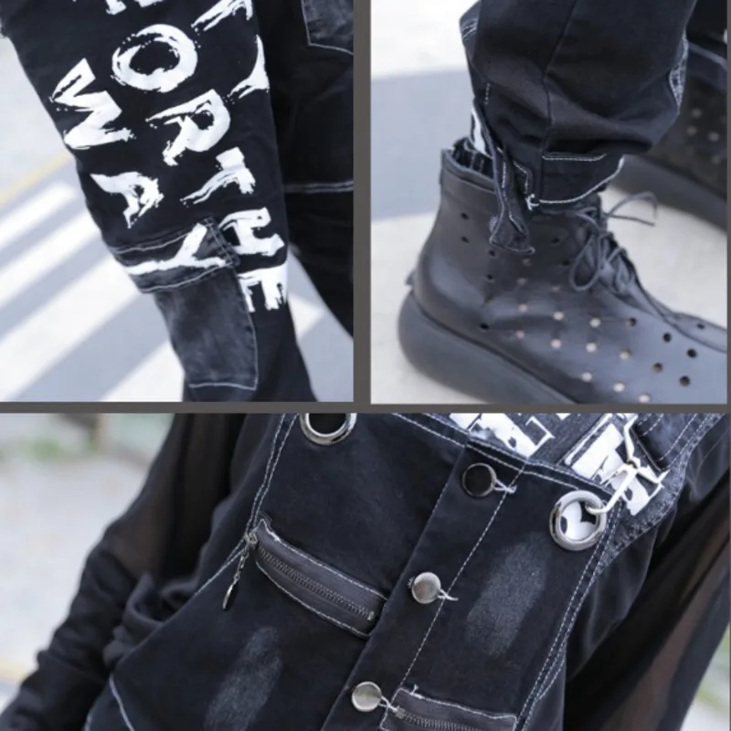 3086 Spring Autumn Black Denim Playsuit Women Plus Size Streetwear Letter Pockets With Zipper Loose Jean Jumpsuit Girls Korean