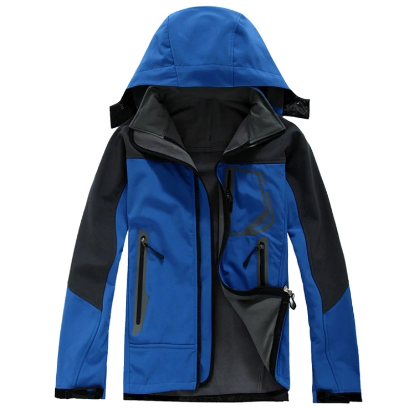 Blue Outdoor Men's Soft Case Raincoat Jacket Outdoor Climbing Sports Clothing Waterproof Warm Soft Case Clothing Fleece - Color: Blue
