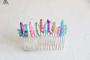 

5PCS Silvery Wire Wrapped Rainbow Quartz Point Hair Combs Tiara For Women Raw Crystal Combs Headband Hair Jewelry HG056AMAA.E