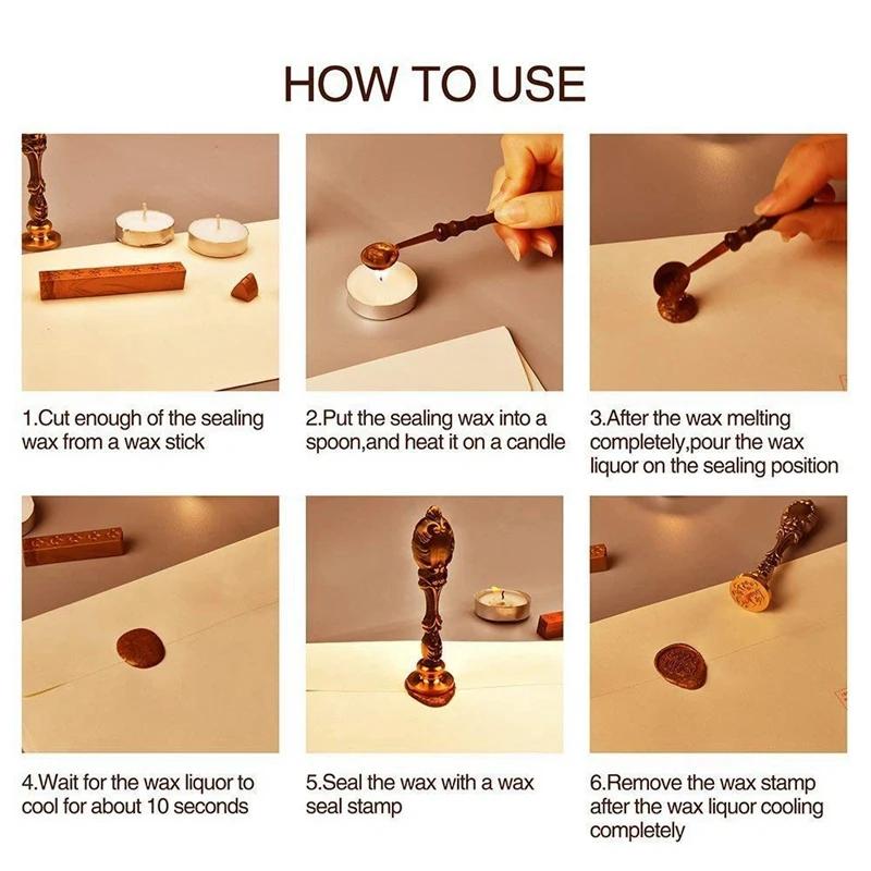  Wax Seal Stamp Kit - 6Pcs Copper Vintage Sealing Stamp Set Romantic Creative Decor Tool for Envelop - 4000467731344