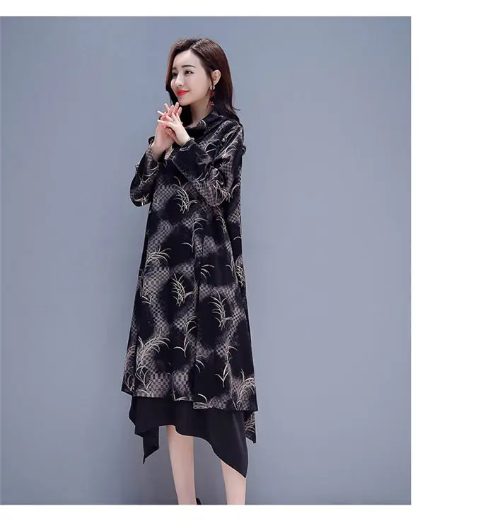 Платье большого размера нетипичный женский корейский принт свободное новое осенне-зимнее платье плюс бархат Теплый свитер с длинными
