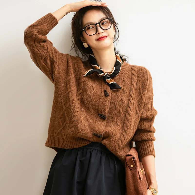 

xiu ye Classic Retro Linen Flower Color Cardigan Sweater 2020 Autumn and Winter New Style Crew Neck yang jiao kou Short Loose Co