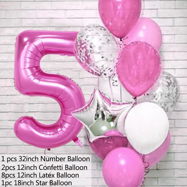 12pcs Pink Number Foil Balloon Birthday Party Decoration Latex Balloons Kids Baby Girl 1 2 3 4 5 6 7 8 9 Years Old 1st Birthday P-balloon number 5