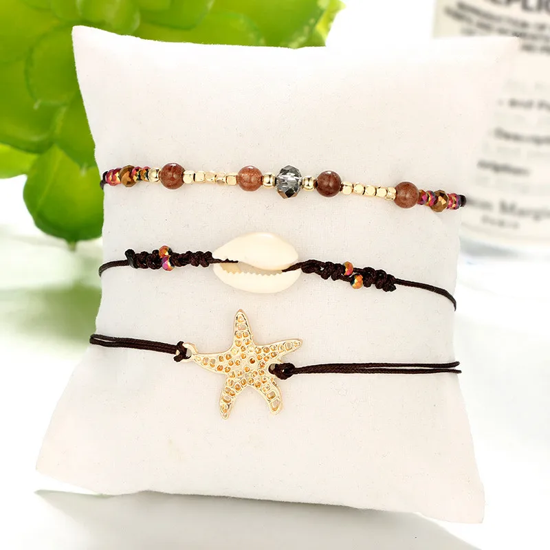 New Jewelry Bohemian Alloy Rice Beads Shell Hand-woven Multilayer Ankle Anklet Beaded Foot Jewelry Summer Beach Anklets On Foot