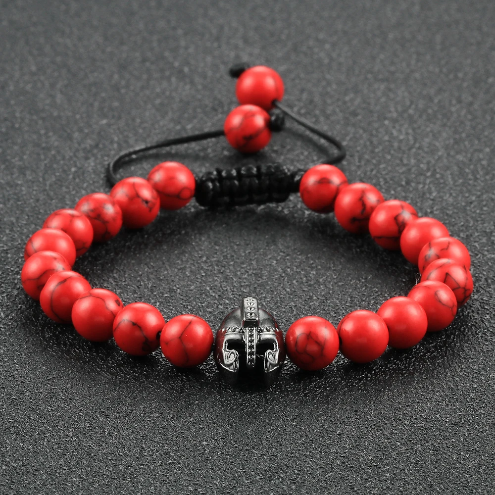Hot Roman Knight Spartan Warrior Gladiator Helmet Red Natural Stone Bead Bracciali Uomo Donna Corda Elastica Braccialetti Gioielli Energetici