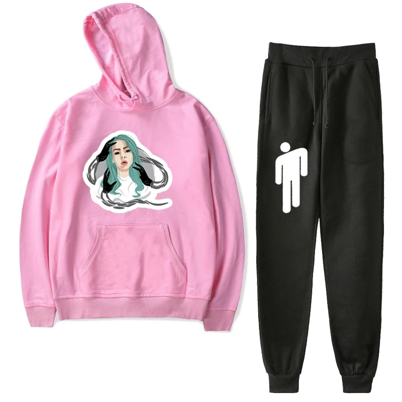 Billie Eilish плюс бархатная толстовка с капюшоном и штаны 2 шт./компл. Для женщин комплекты Спортивный костюм световой черный Толстовки костюмы по доступной цене, повседневная одежда для подростков - Цвет: Pink 12