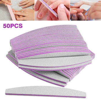 

50Pcs 180 Grain Nail Art Sanding Sandpaper Washable Nail File Semilune Banana Buffing Curved Professional Manicure Tools Set