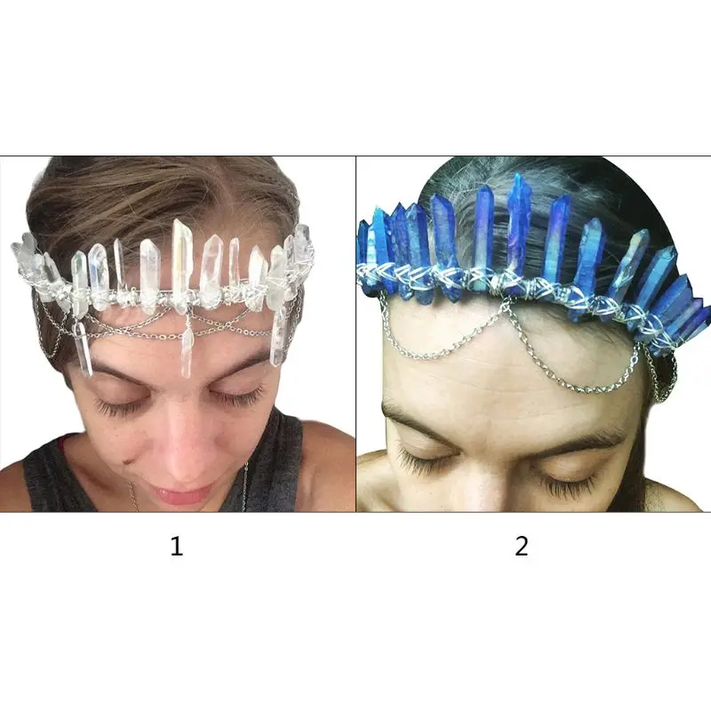 Handmade Clear Faux Raw Crystal Tiara Crown Drop Charms Metal Chain Headband