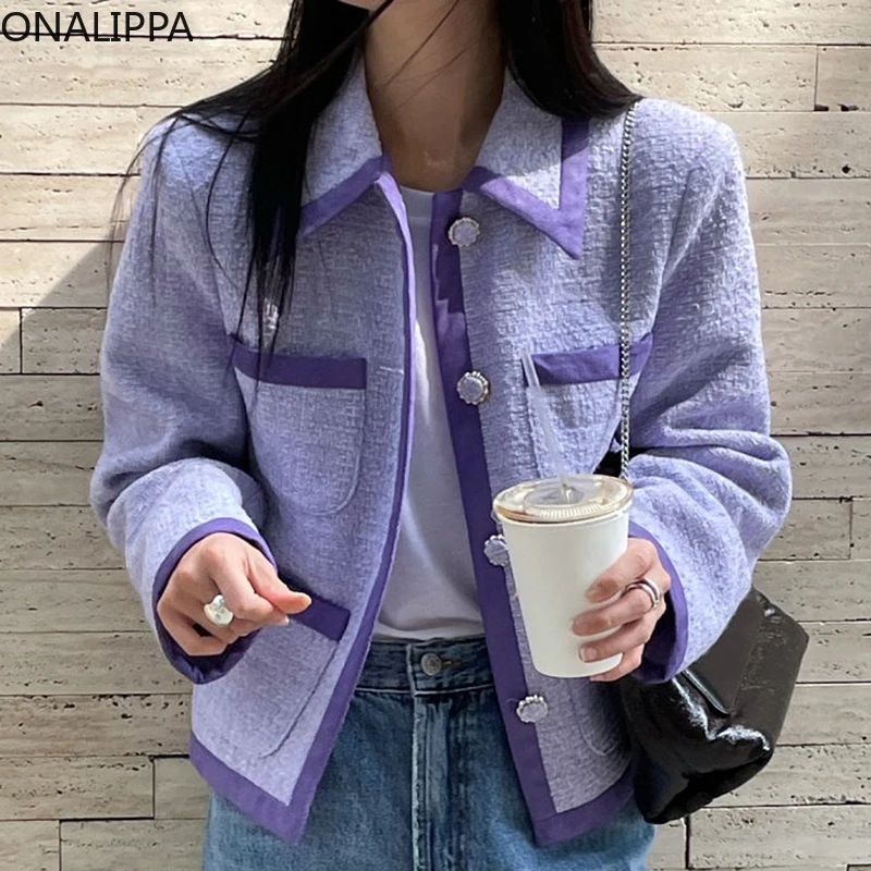 Onalippa Women Cardigan 2021 Autumn Winter Temperament Elegant Lapel Color Matching Edging Multi-Pocket Loose Chic Button Jacket |