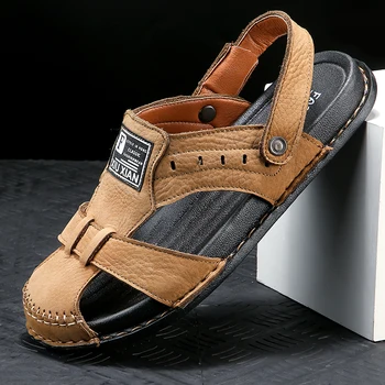 

2020 First Layer Cow Leather Men Casual Sandals Summer Comfortable Beach Slippers Two Wear MenSandals Handmade Men Flip-flop 45