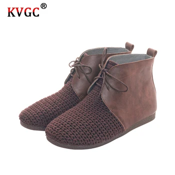 

KVGC autumn and winter new style ladies fashion high quality leather unique cotton and linen upper retro style brown ankle boots