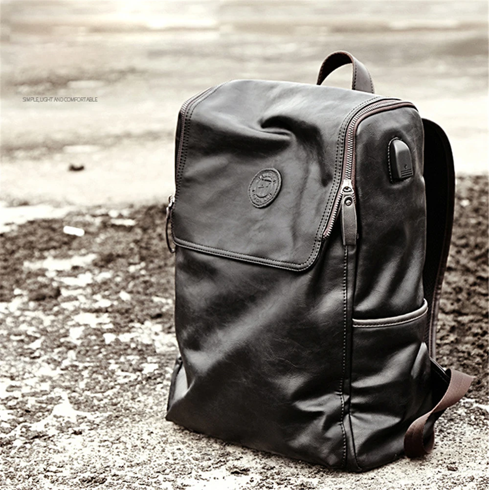 Genuine Leather Men Backpack USB Laptop Bag Flap-cover Weekend Travel Knapsack for Male Teenagers Women Zipper Notebook Bags