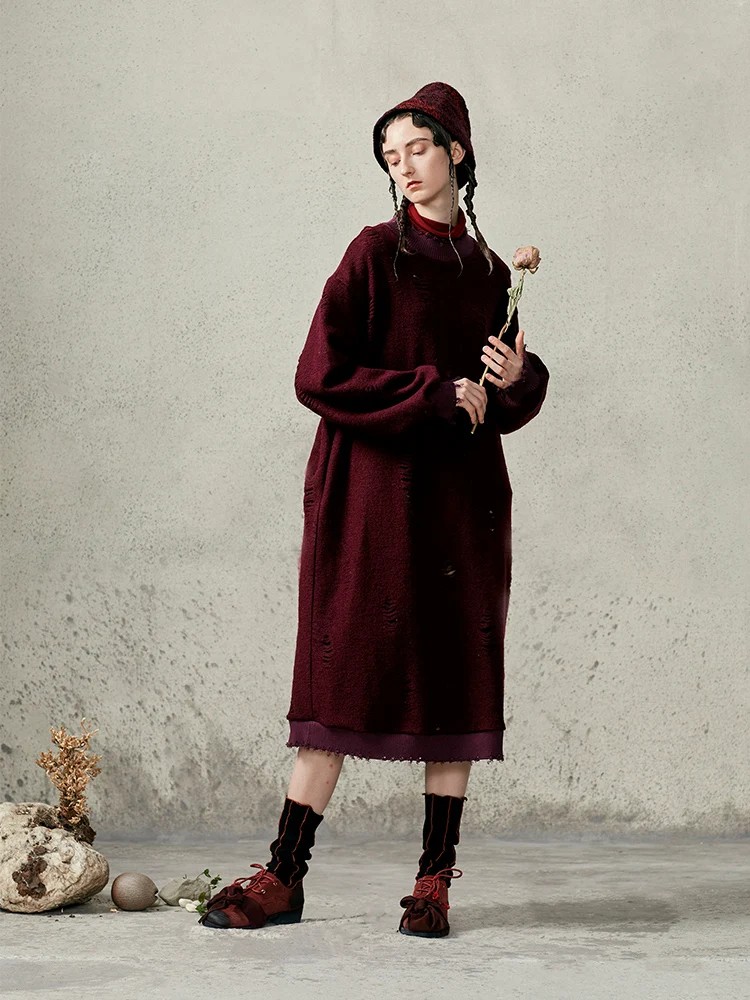 

[11.11] 2019 Winter New Collection women long ripped wool dress