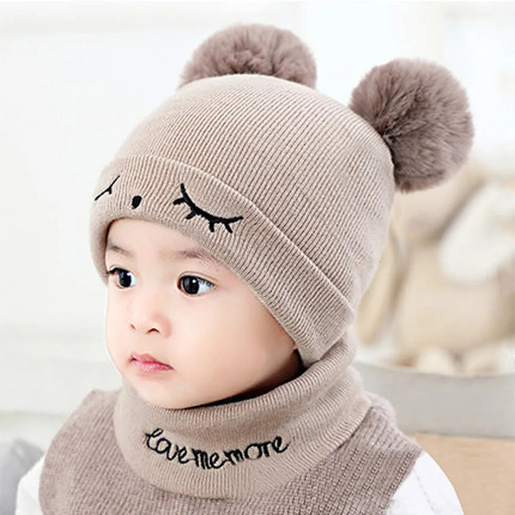 Cute Eyelash Caps For Newborn Kids Baby Boy Girl Pom Hat Winter Warm Knit Bobble Beanie Cap Scarf Set Drop Shipping