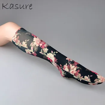 

KASURE Flower Pattern Silk Print Long Socks For Women New Fashion Elastic Spring Summer Ankle Socks For Young Ladies