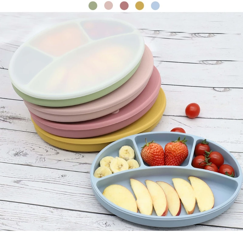 

Baby Suction Cup Bowl Divided Dinner Plate Infants Learning Feeding Dish Non-toxic BPA-Free Silicone Solid Color Bowl