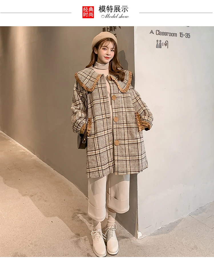 Autumn Winter Women Tweed Coats Peter Pan Collar Single-breasted Khaki Checked Overcoat Womans Plus Size Wool Blend Outerwear