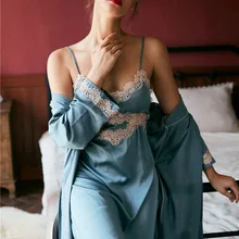 Осенний сексуальный шелк с подкладом для груди свободный и удобный lace кружевная одежда для сна халат и Ночная рубашка комплект