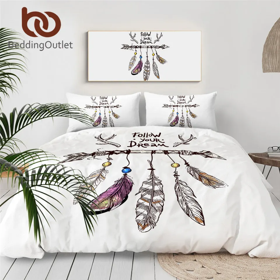 

Набор постельного белья BeddingOutlet в стиле «Ловец снов», в этническом стиле, с перьями, пододеяльником и наволочками, набор для кровати со стрелками, 3 предмета, акварельные покрывала