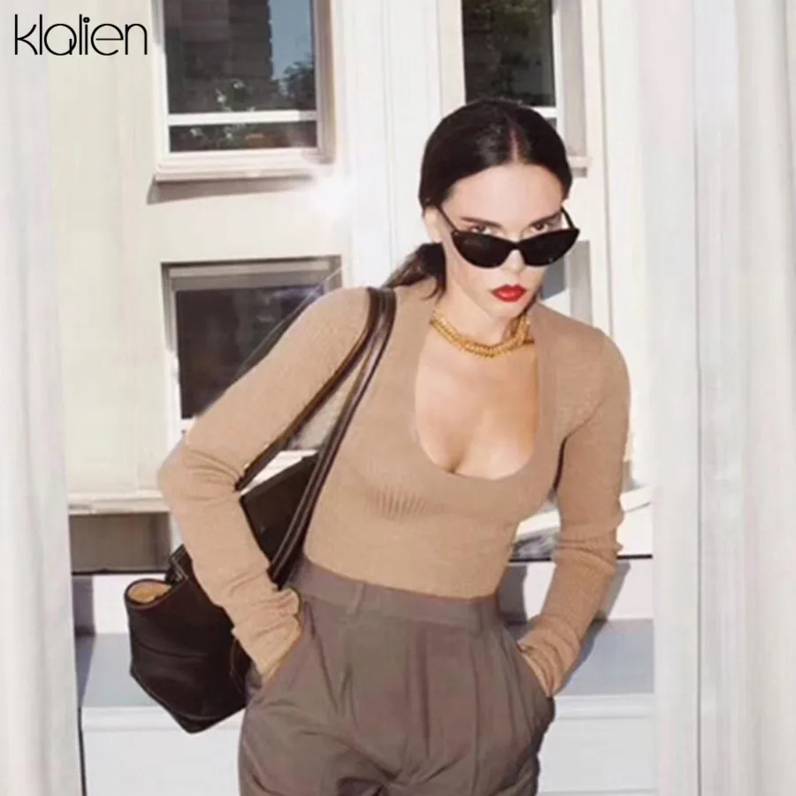 

KLALIEN Pure color contracted Bodysuit Women Sexy Low bosom round collar Long Sleeve Bodysuit 2019 Autumn Winter Streetwear