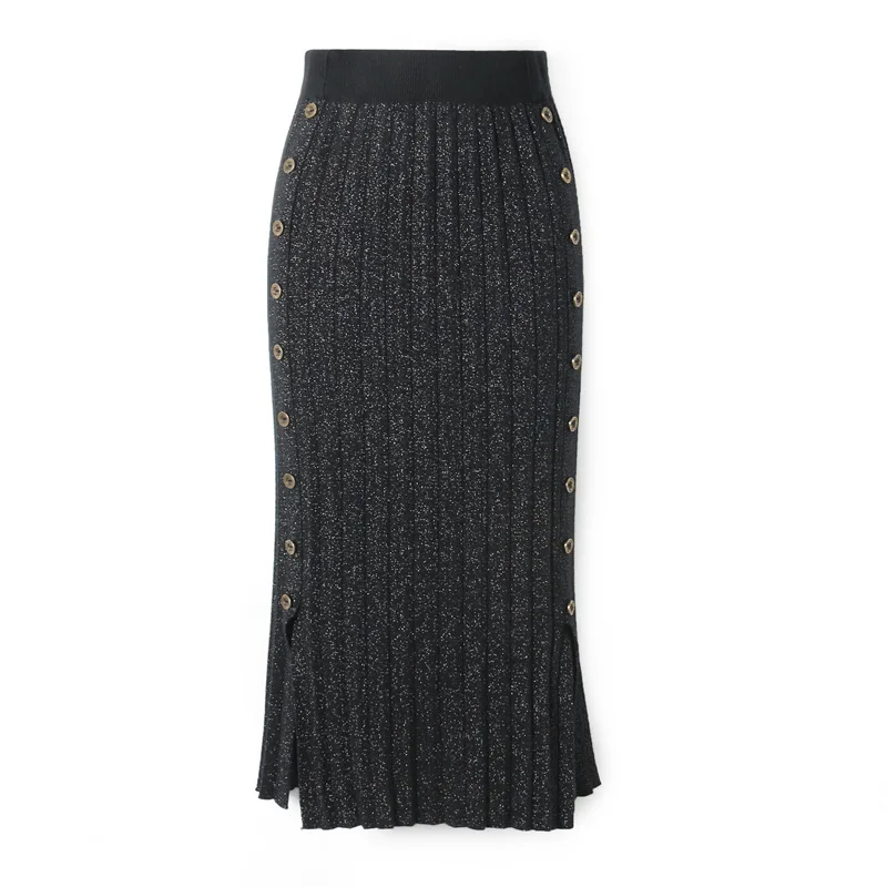 Черная серая шикарная трикотажная юбка VD1182 длинная миди теплая зимняя женская юбка на пуговицах тонкая винтажная юбка-карандаш - Цвет: Черный