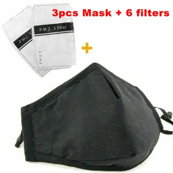 

3 Cotton Mask +6 Filter PM2.5 Black Mask Dust Mask Activated Carbon Filter Windbreak Virus Antiflu Care Filter Cotton Reusable