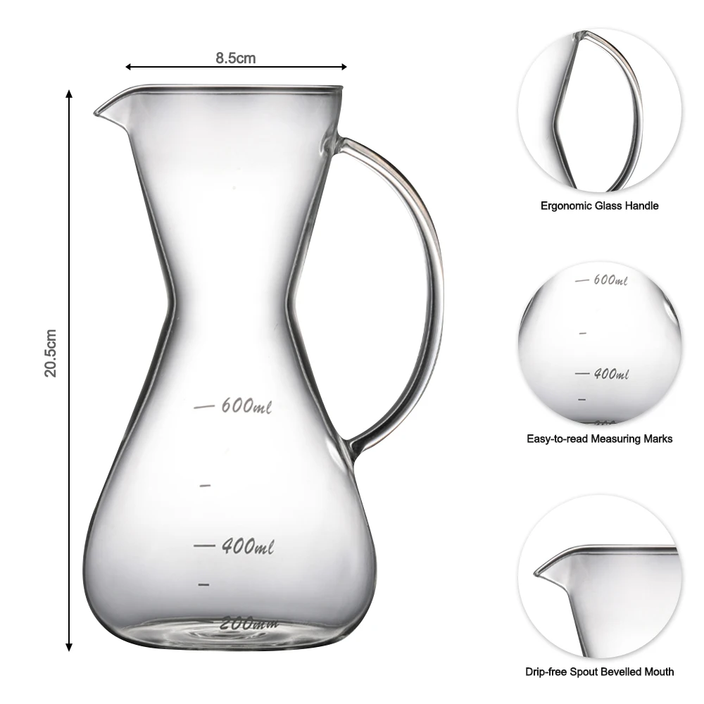 Стеклянный прозрачный кофейный графин 600 мл кофейник боросиликатная ручка измерительные знаки безопасный нетоксичный прочный кофейный сервер
