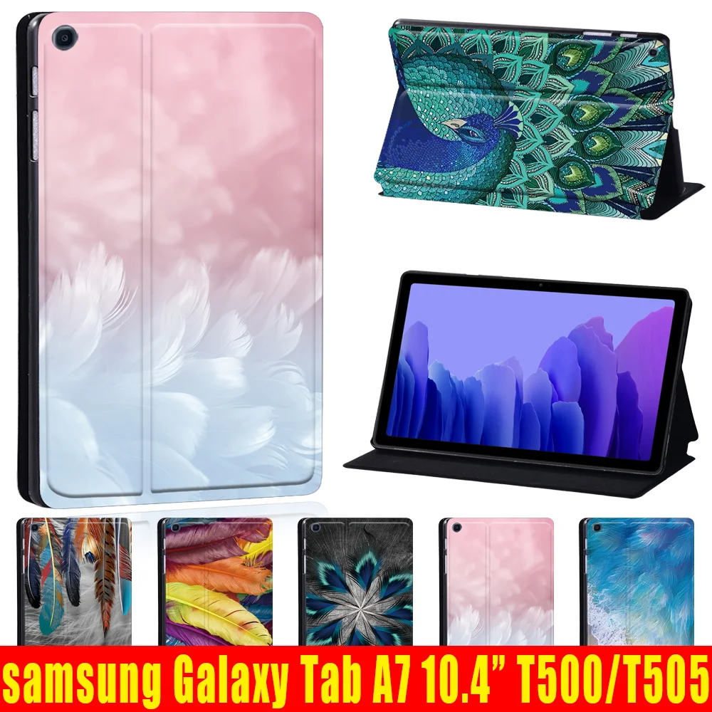 Tablets Case for Samsung Galaxy Tab A7 10.4 Inch 2020 T500/T505 Printed Feather PU Leather Tablet Stand folio Cover+ Free Stylus