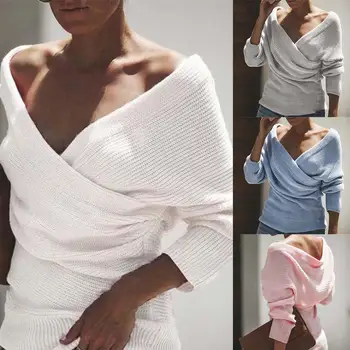 

V-neck knit Long Sleeve Knitted Sweater Women Casual Sweater Women Loose sweater