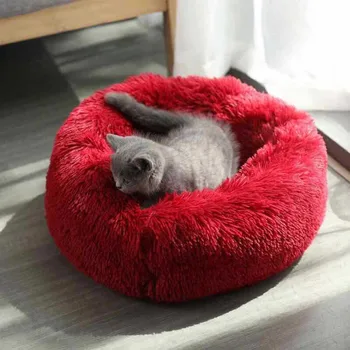 

Dropshipping Round Long Plush Cat House Soft Cat Bed Best Dog Bed For Small Dogs Cats Nest Winter Warm Sleeping Pet Dog Bed Mat
