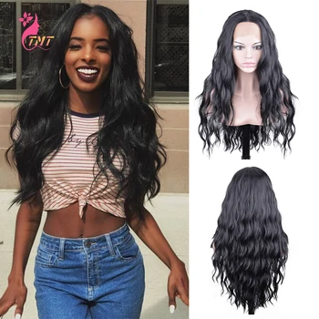 

Synthetic Lace Front Wigs 28Inch Body Wave Middle Part Wigs For Black Women Heat Resistant Fiber Natural Black Color