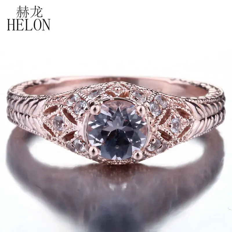 

HELON Solid 10K Rose Gold Round 6.5mm Genuine Natural Morganite Diamonds Engagement Ring Women Birthday Anniversarry Best Gift