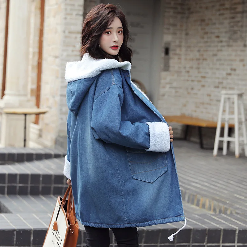 

2019 Winter Korean-style Large Size Students Mid-length Berber Fleece Hooded Brushed And Thick Jeans Coat Trench Coat