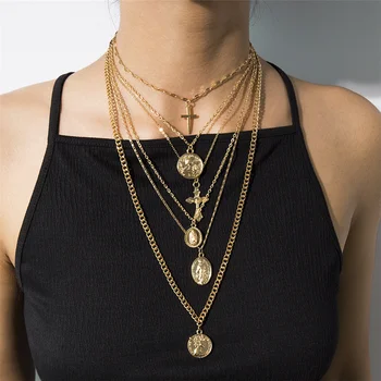 

Retro Multi Layer Virgin Mary Angel Pendant Necklace for Women Carved Coin Thick Long Chain Necklace Statement Jewelry Gift