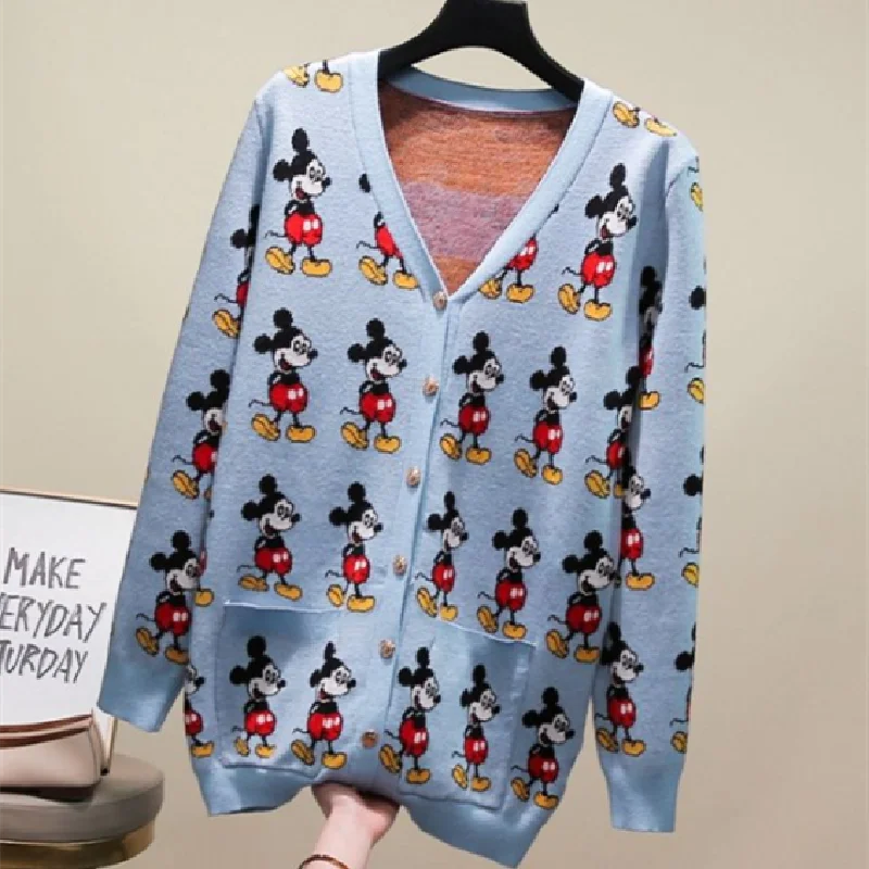 Disney Mickey Mouse Women Sweaters Cardigans Autumn Spring Fashion Tops Female Clothes Sweaters V-neck Knitted Cartoon Sweaters