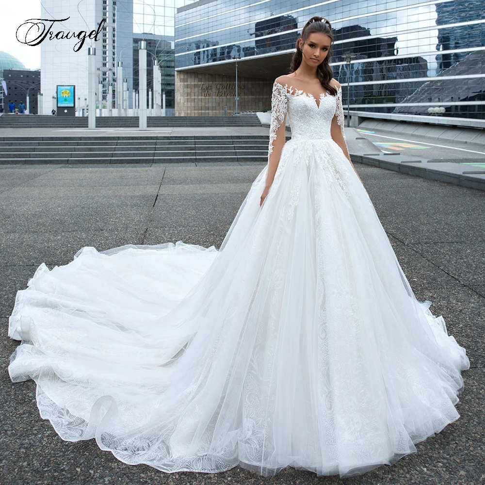 

Traugel женское свадебное платье с длинным рукавом, кружевное ТРАПЕЦИЕВИДНОЕ ПЛАТЬЕ с длинными рукавами и пуговицами, свадебное платье со шлейфом
