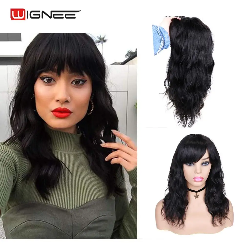 

Wignee Human Hair Wig With Free Bangs For Black Women Remy Brazilian Hair Glueless 150% Density Natural Wave None Lace Human Wig