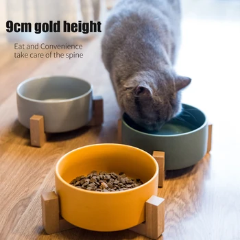 

Ceramic Elevated Raised Cat Bowl With Wood Stand No Spill Pet Food Water Feeder Cats Small Dogs Feeding Bowl Pet Accessories