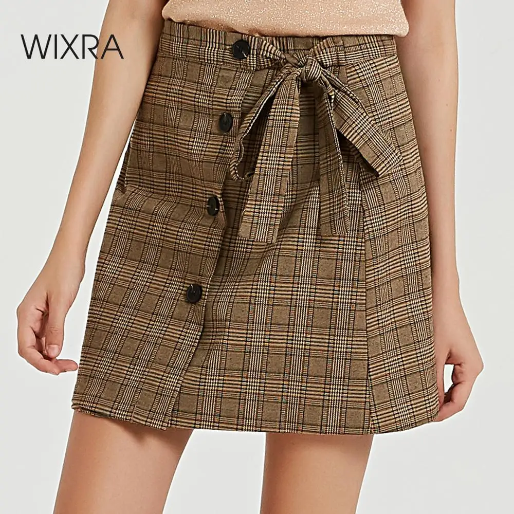 

Wixra 2019 New Plaid Short Skirts High Waist A Line Button Mini Skirt With Sashes Autumn Winter Ladies Bottom