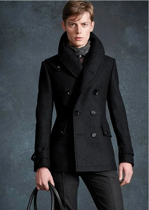 Men's woolen coat Paris show handsome military style double row autumn and winter youth mid-length woolen trench coat