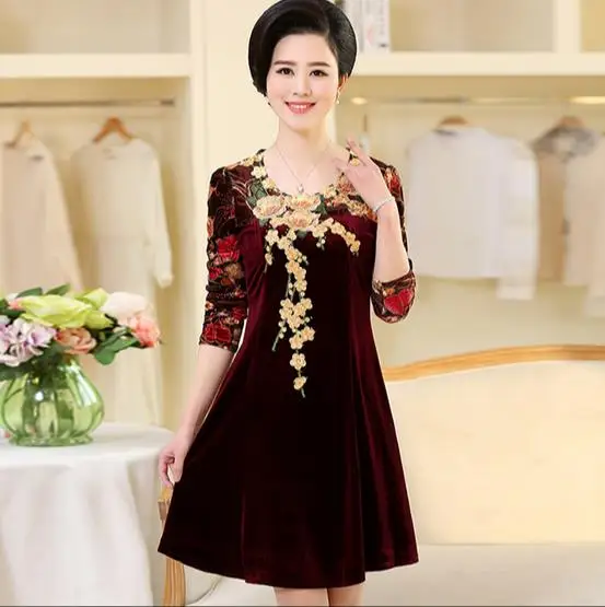 2020 Winter Velvet Dress A Line Women Embroidery Flower Vintage Elegant Ladies Dresses Wedding For Femme Vestidos Q210 | Женская одежда