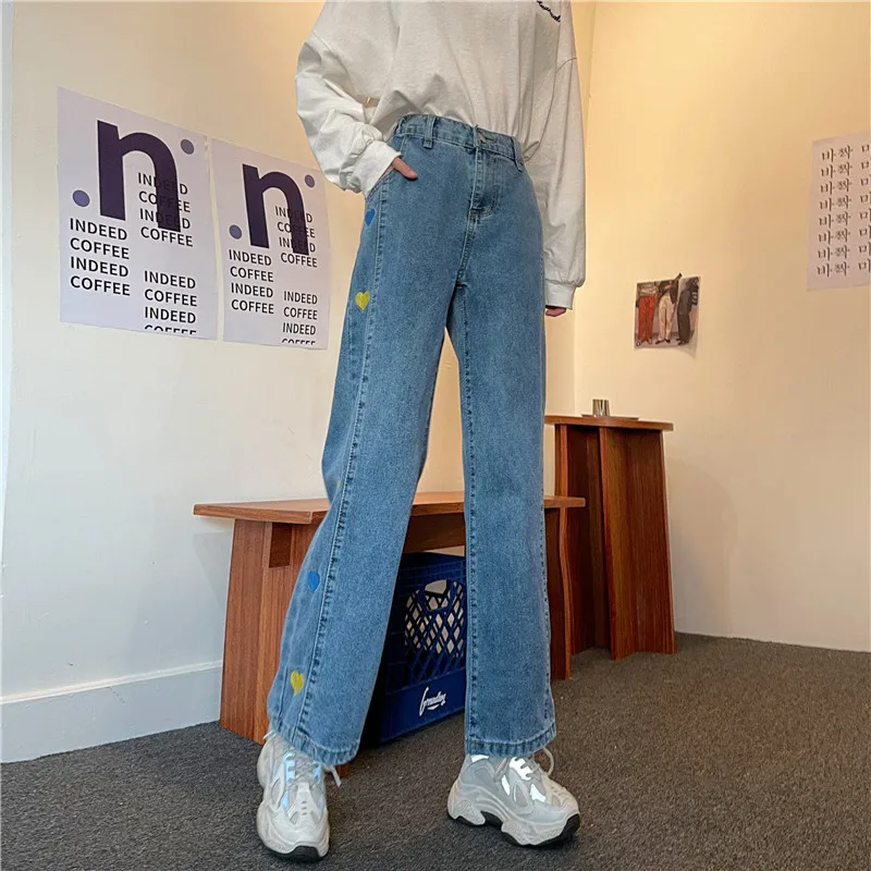 

Love peach heart wide leg jeans women's straight tube loose high waist 2021 spring and summer new drape Capris